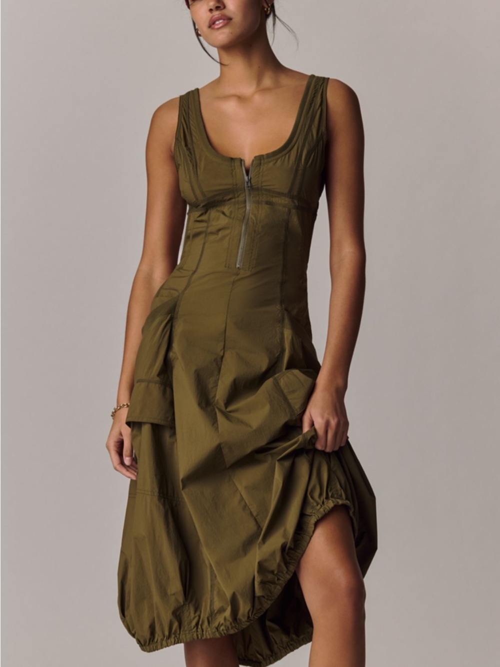 Anthropologie Olive Green Backless Zip-Front Midi Dress